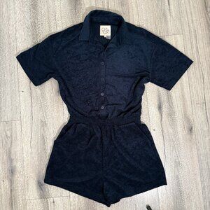 Chaser Terry Cloth Romper Button Up Collared Terry Cloth Navy Blue Size Medium